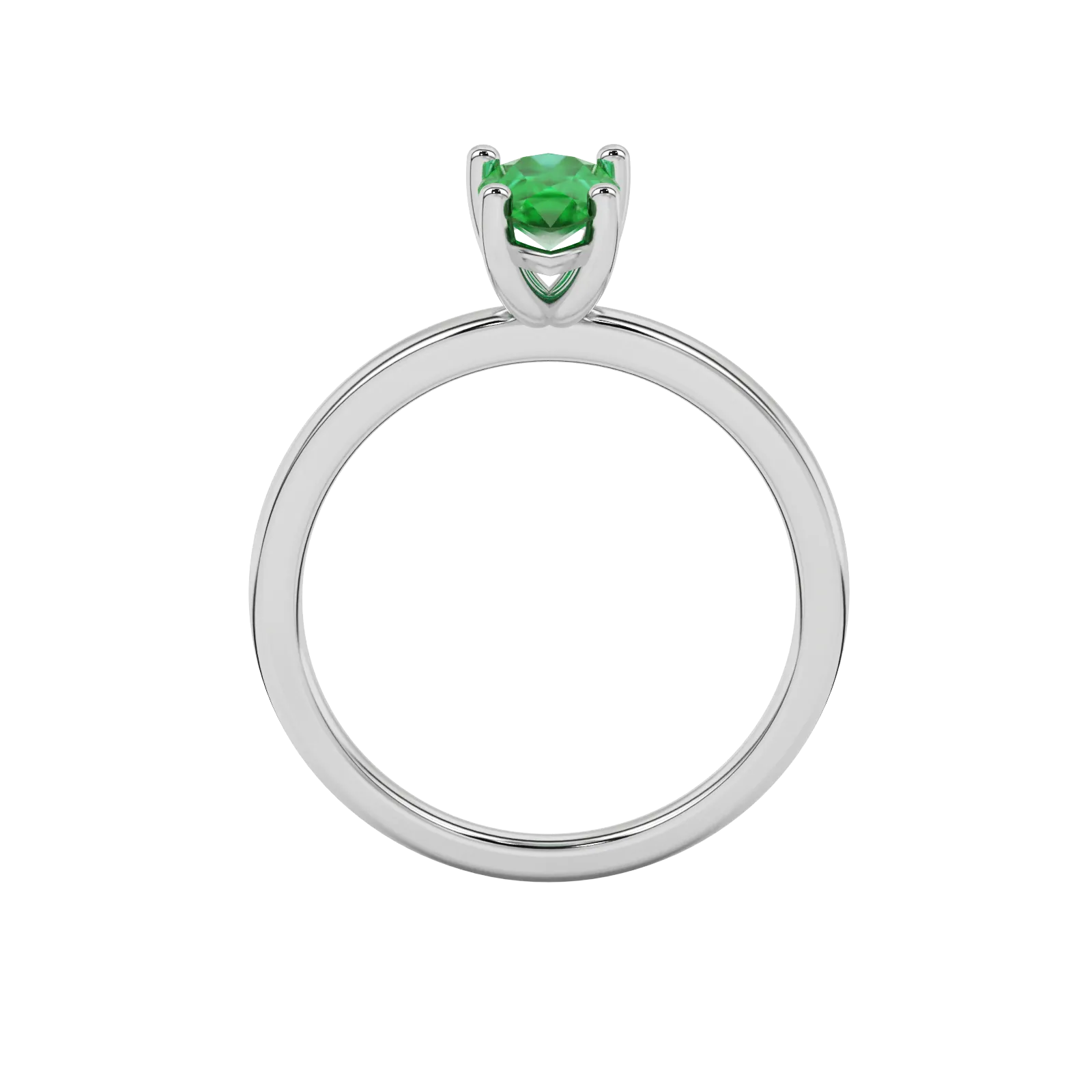Pear shape emerald green gemstone ring, white gold classic basket setting.