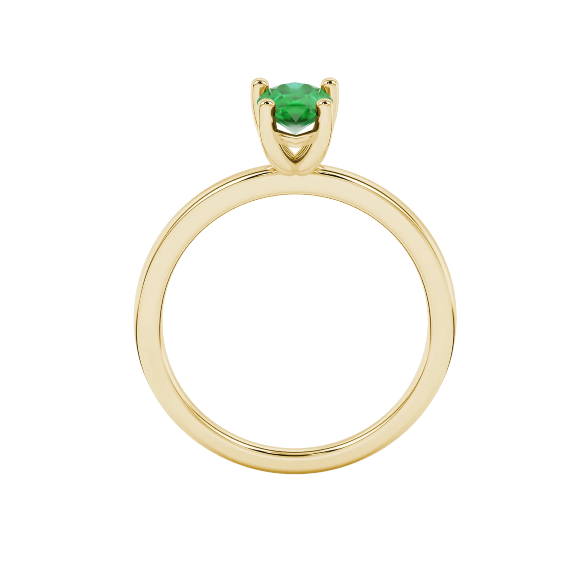 Pear shape emerald green gemstone ring, yellow gold classic basket setting.