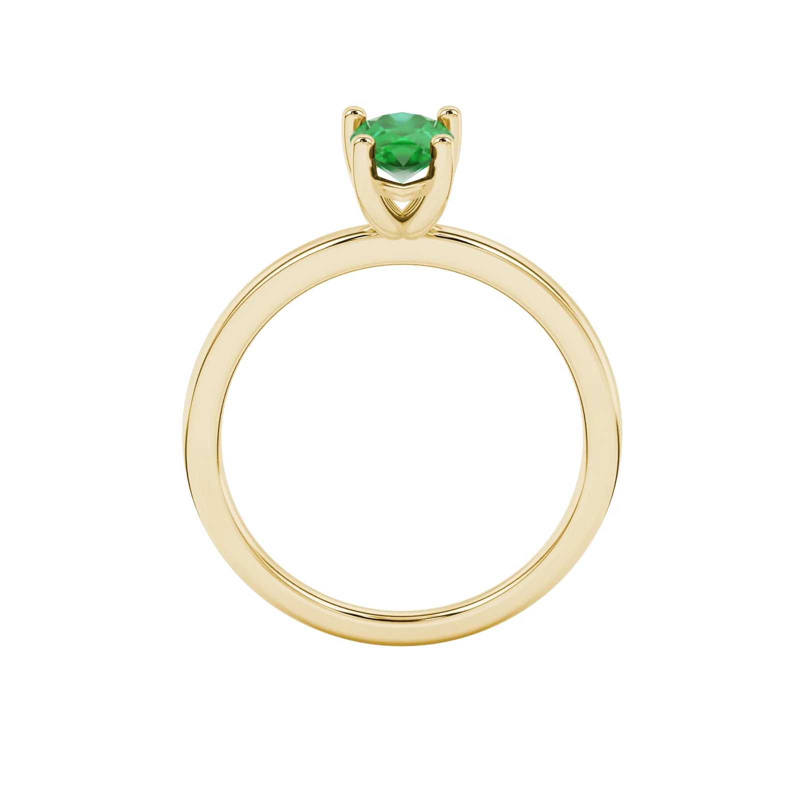 Pear shape emerald green gemstone ring, yellow gold classic basket setting.