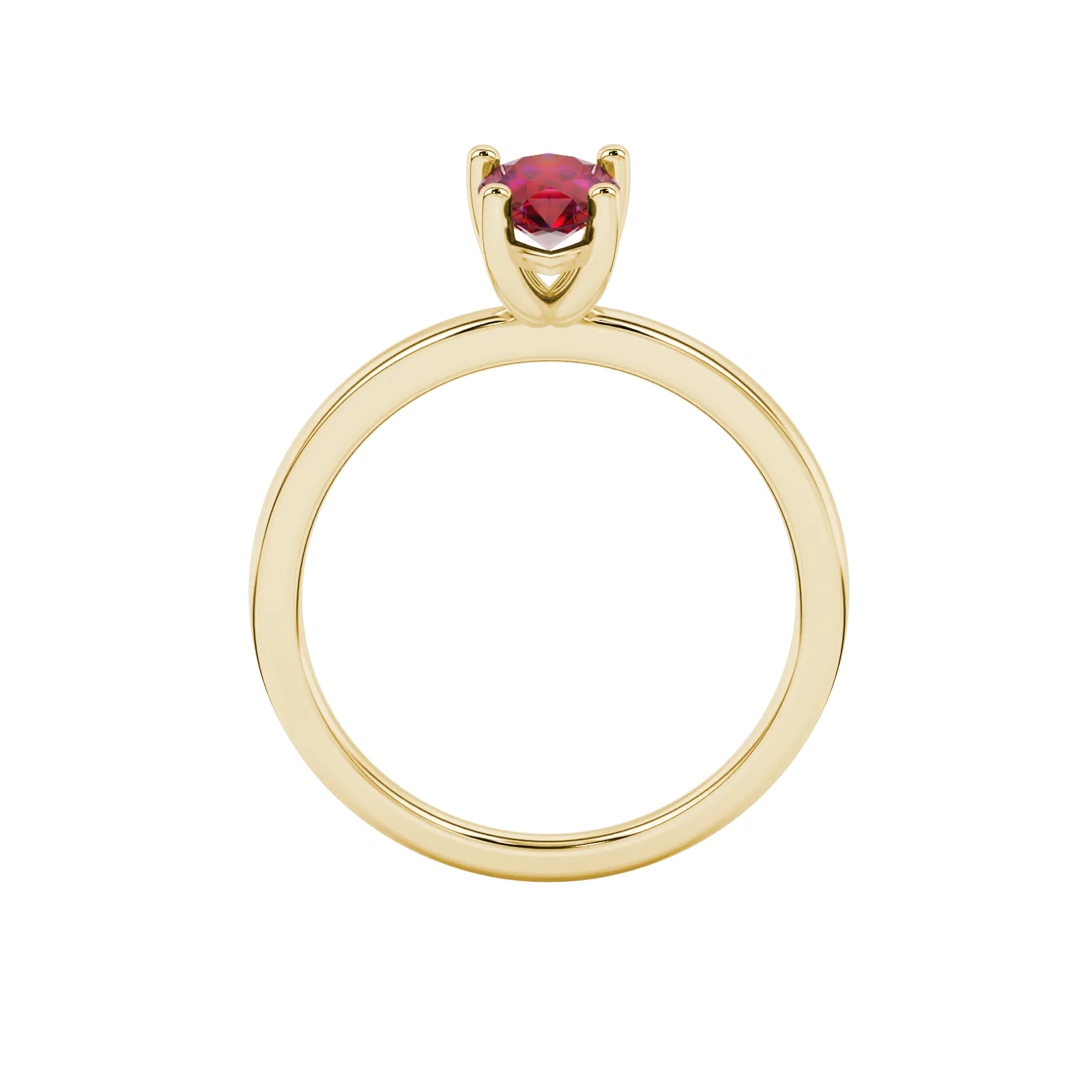 Pear shape raspberry red gemstone ring, yellow gold classic basket setting.