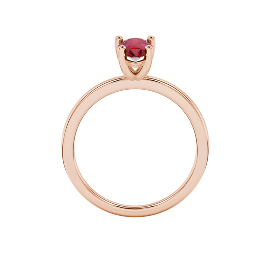 Pear shape raspberry red gemstone ring, rose gold classic basket setting.