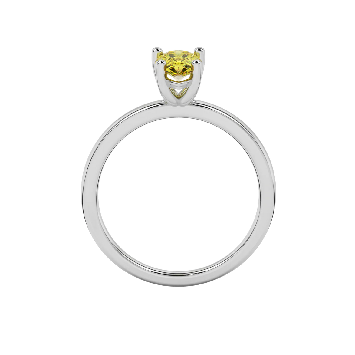 Pear shape canary yellow gemstone ring, white gold classic basket setting.