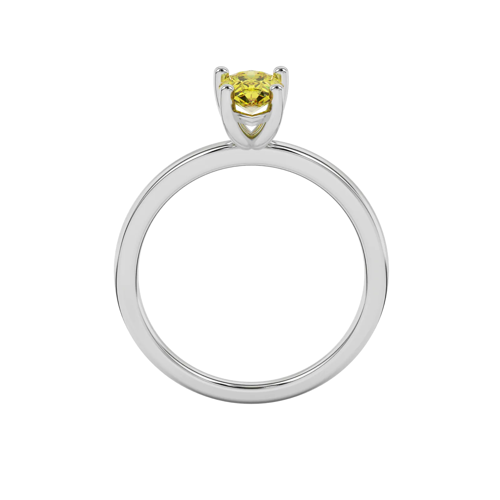 Pear shape canary yellow gemstone ring, white gold classic basket setting.