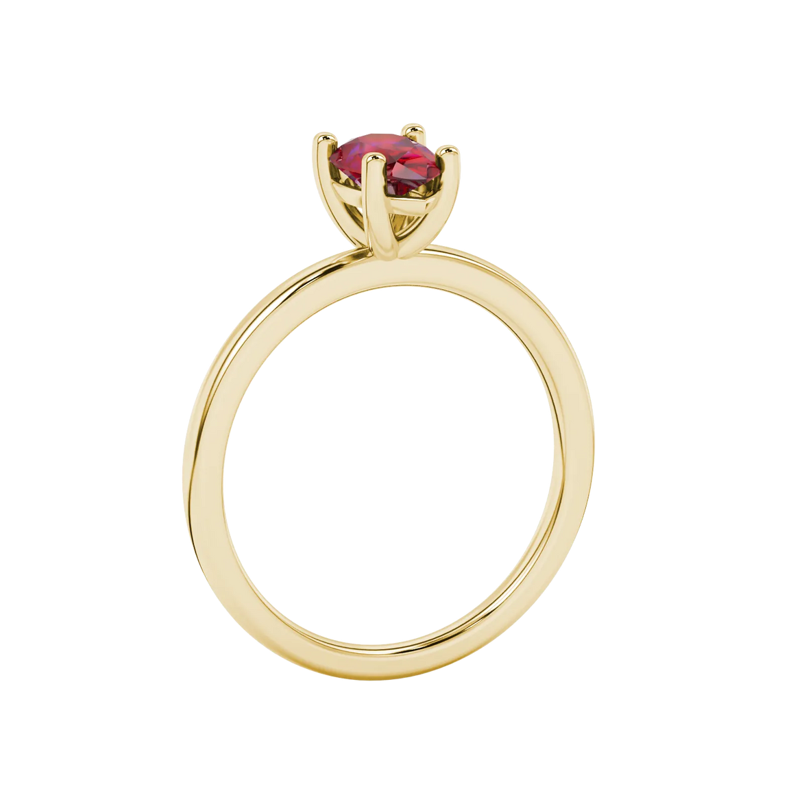 Side profile, yellow gold raspberry red ring, classic basket gallery.