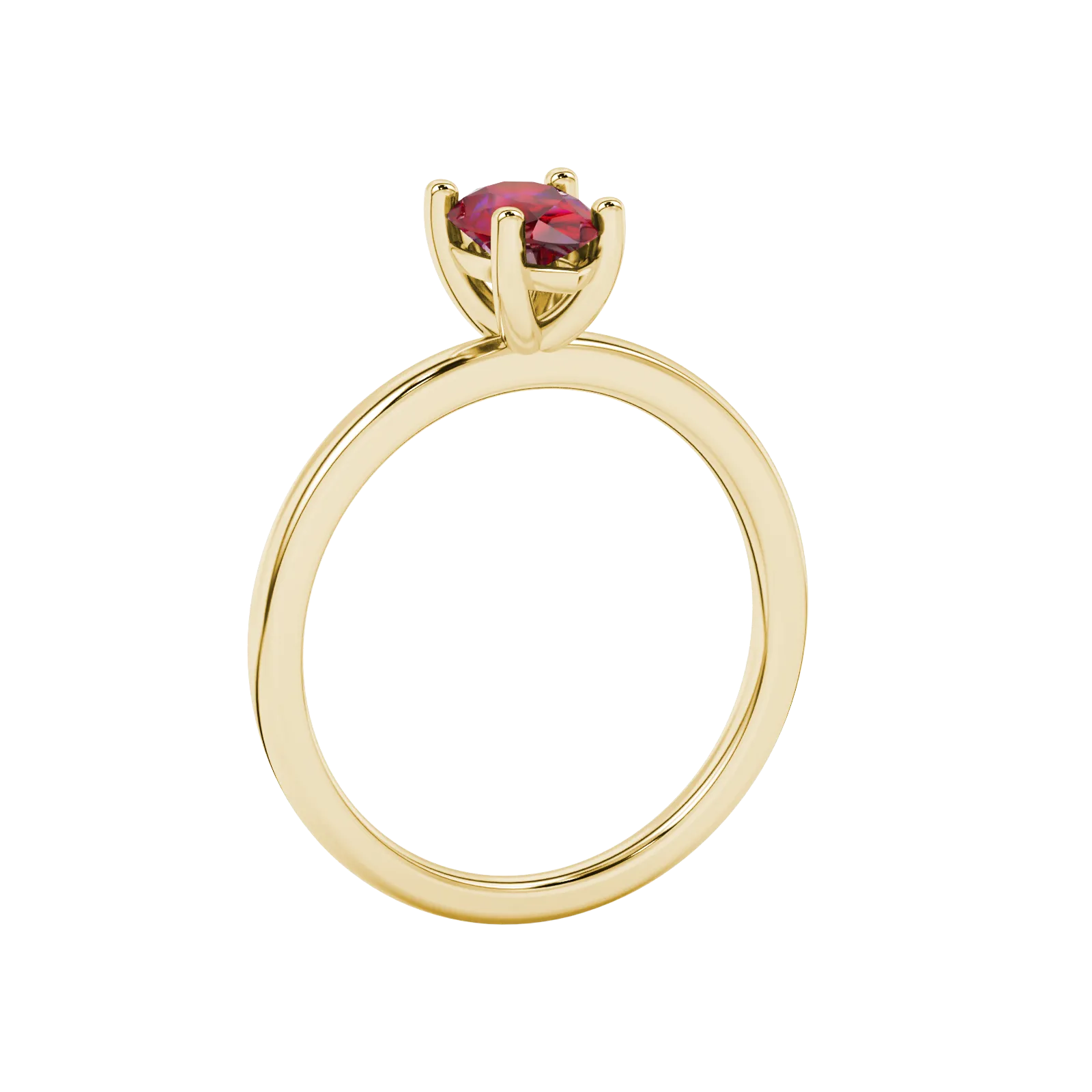 Side profile, yellow gold raspberry red ring, classic basket gallery.