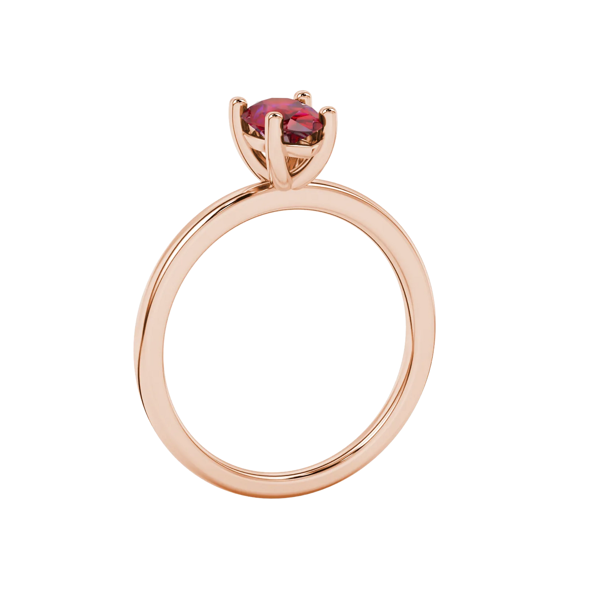 Side profile, rose gold raspberry red ring, classic basket gallery.