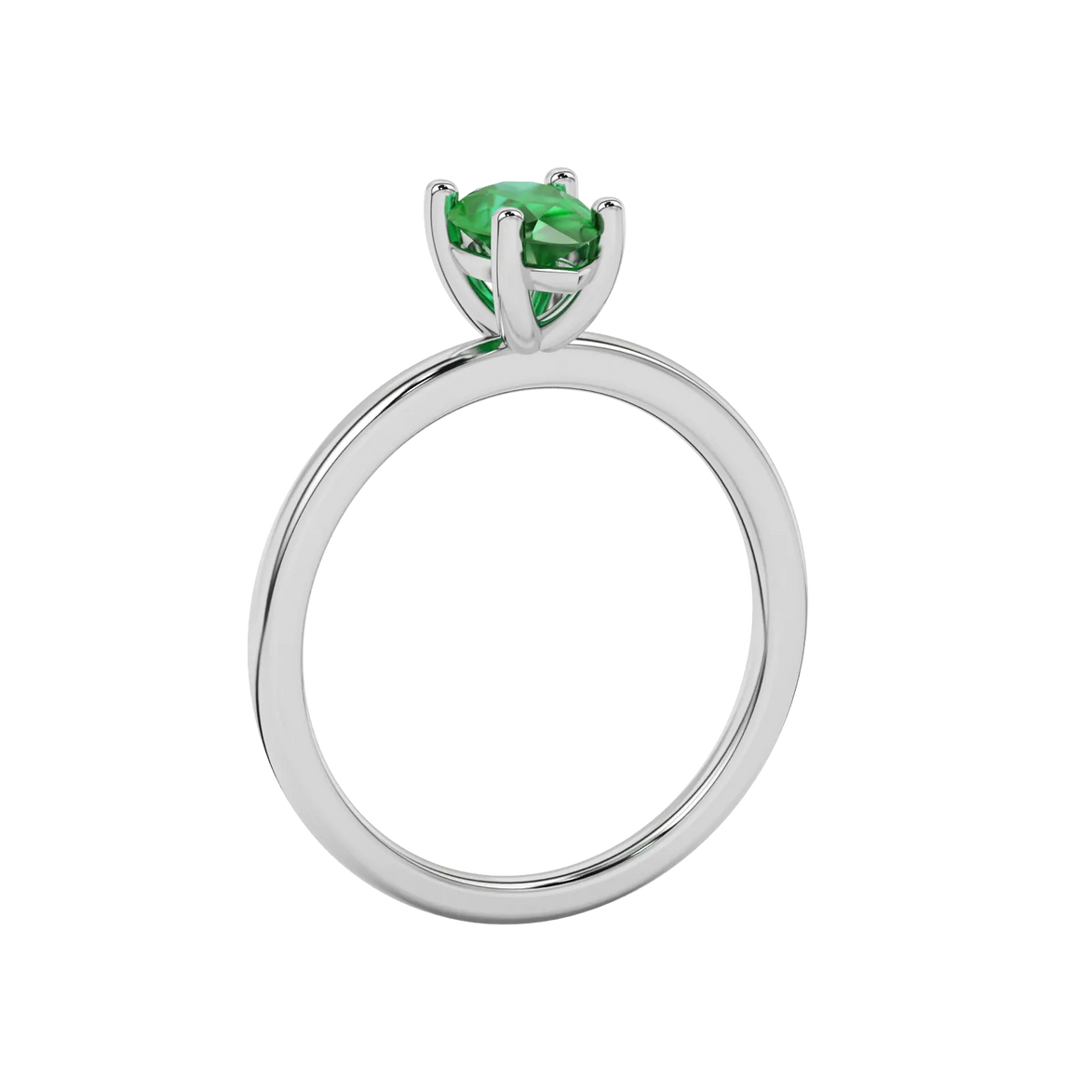 Side profile, white gold emerald green ring, classic basket gallery.