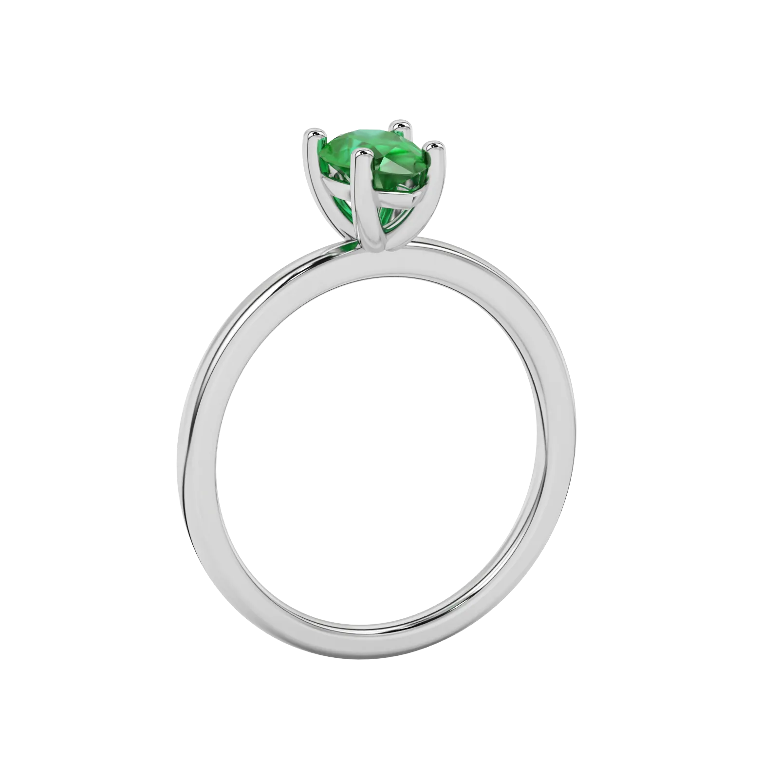 Side profile, white gold emerald green ring, classic basket gallery.