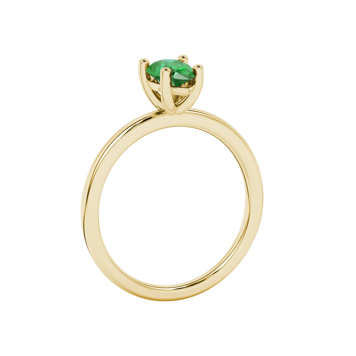 Side profile, yellow gold emerald green ring, classic basket gallery.