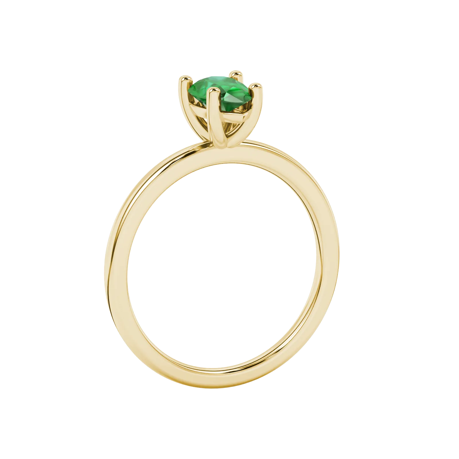Side profile, yellow gold emerald green ring, classic basket gallery.