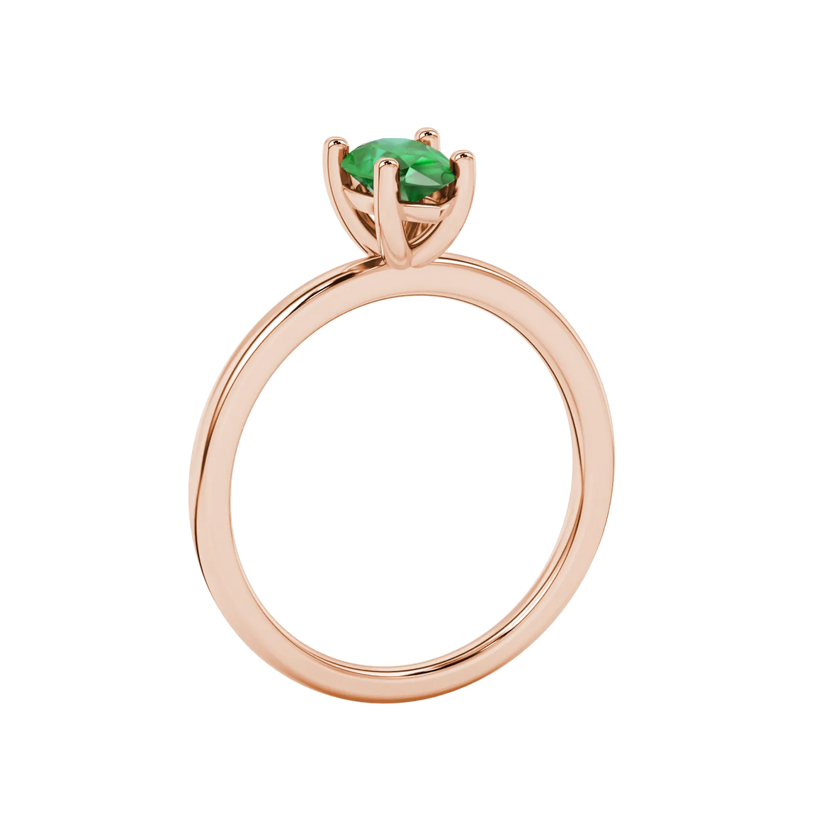Side profile, rose gold emerald green ring, classic basket gallery.