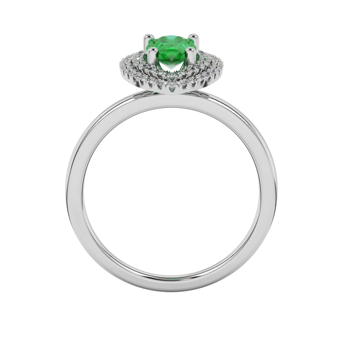 Pear shape emerald green gemstone ring, white gold falling edge halo setting.