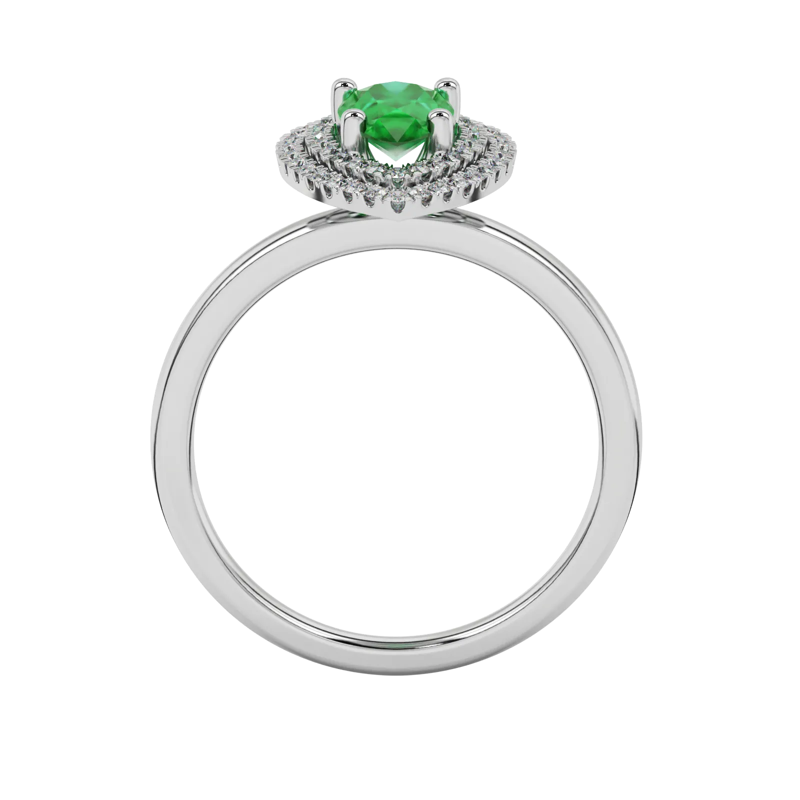 Pear shape emerald green gemstone ring, white gold falling edge halo setting.