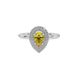 Close-up canary yellow gemstone ring, white gold halo setting.