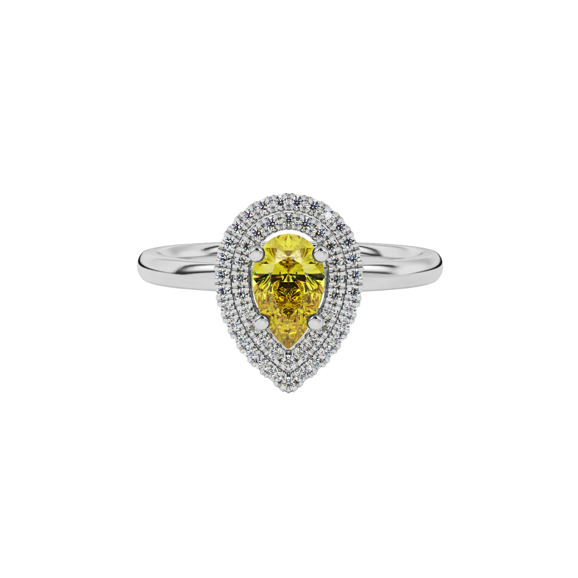 Close-up canary yellow gemstone ring, white gold halo setting.