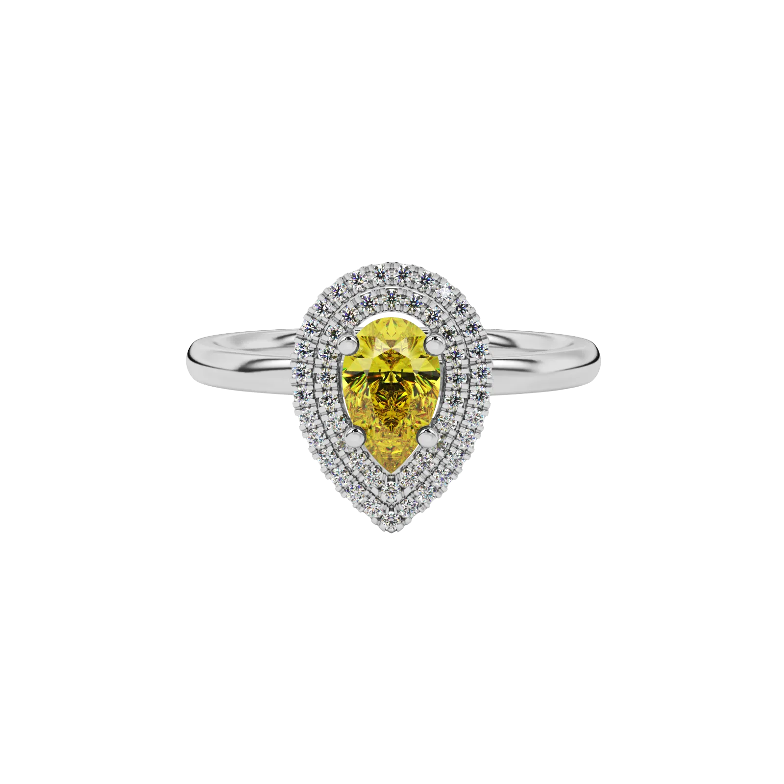 Close-up canary yellow gemstone ring, white gold halo setting.