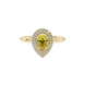 Close-up, pear shape canary yellow gemstone, yellow gold halo ring.
