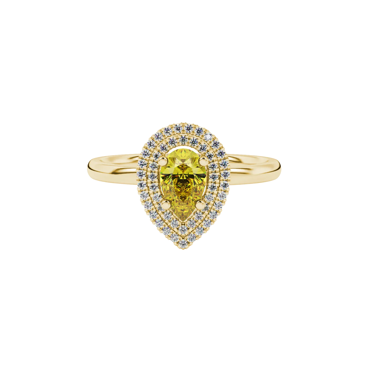 Close-up, pear shape canary yellow gemstone, yellow gold halo ring.
