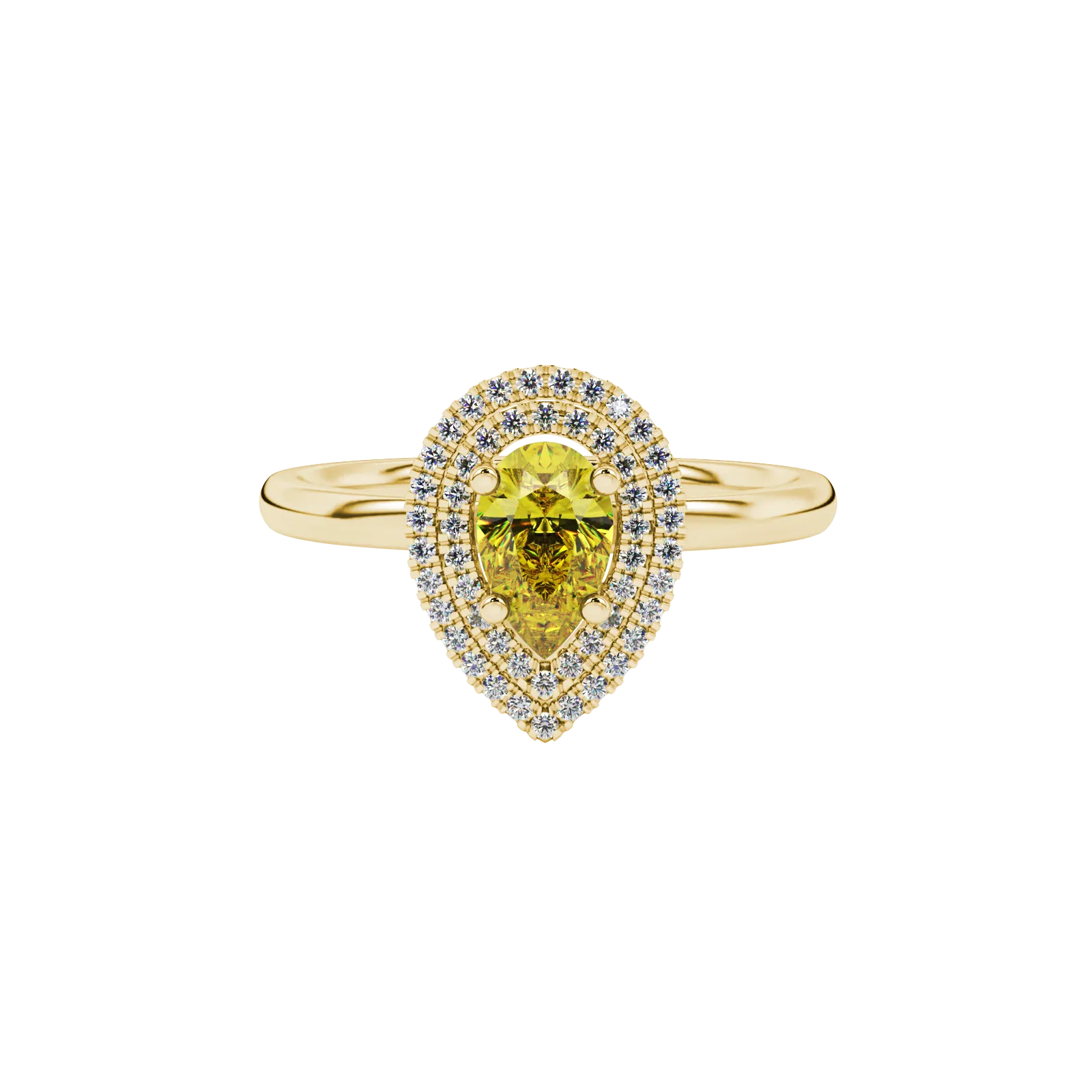 Close-up, pear shape canary yellow gemstone, yellow gold halo ring.