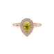 Close-up, pear shape canary yellow gemstone ring, rose gold halo setting.