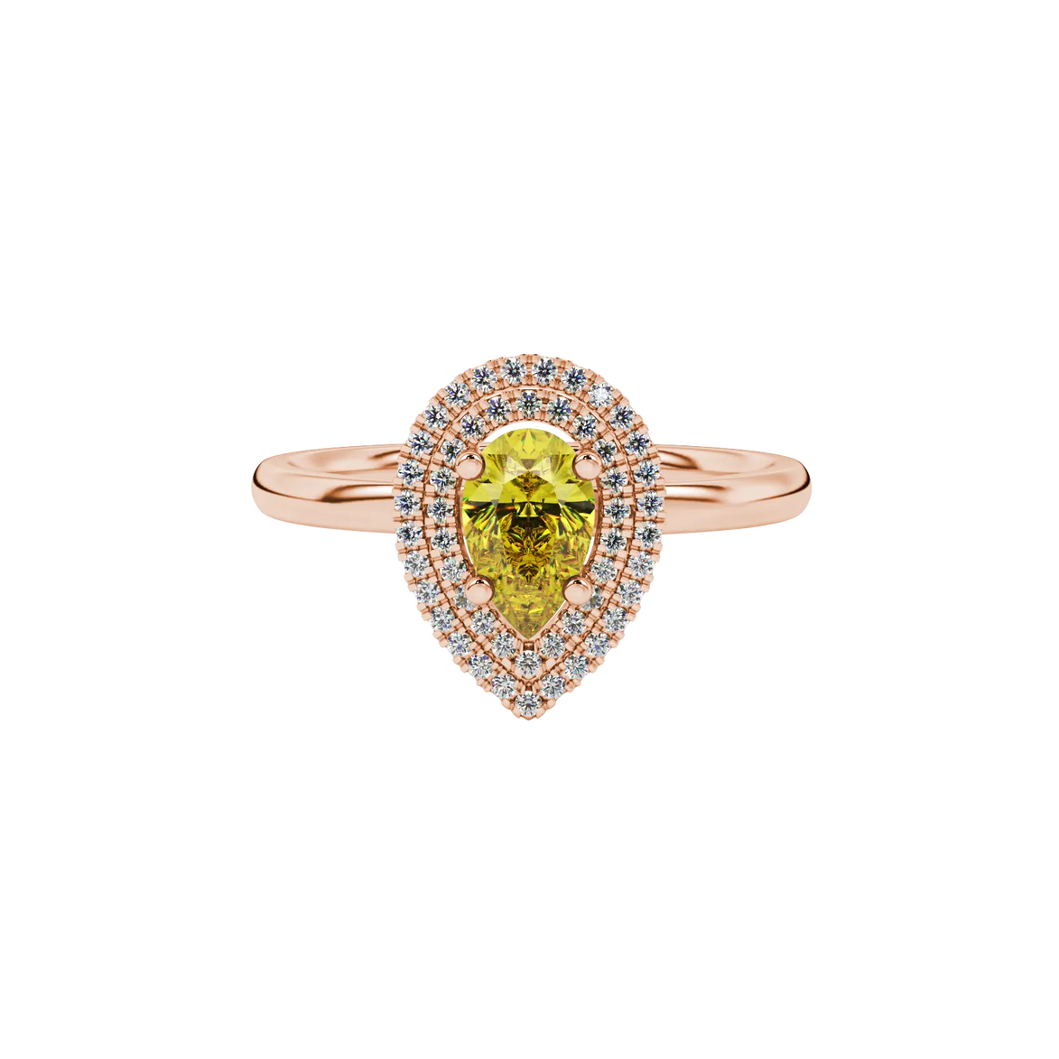 Close-up, pear shape canary yellow gemstone ring, rose gold halo setting.