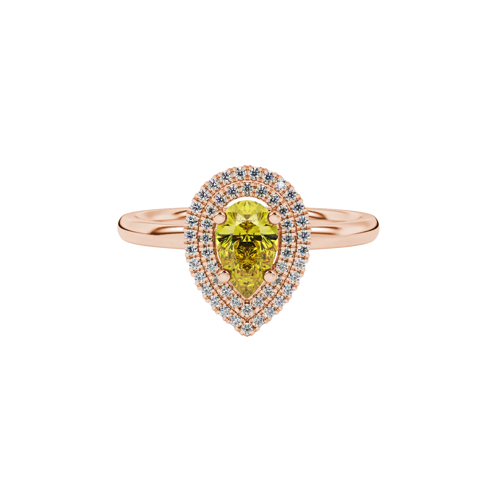 Close-up, pear shape canary yellow gemstone ring, rose gold halo setting.