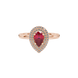Close-up, pear shape raspberry red gemstone ring, rose gold halo setting.