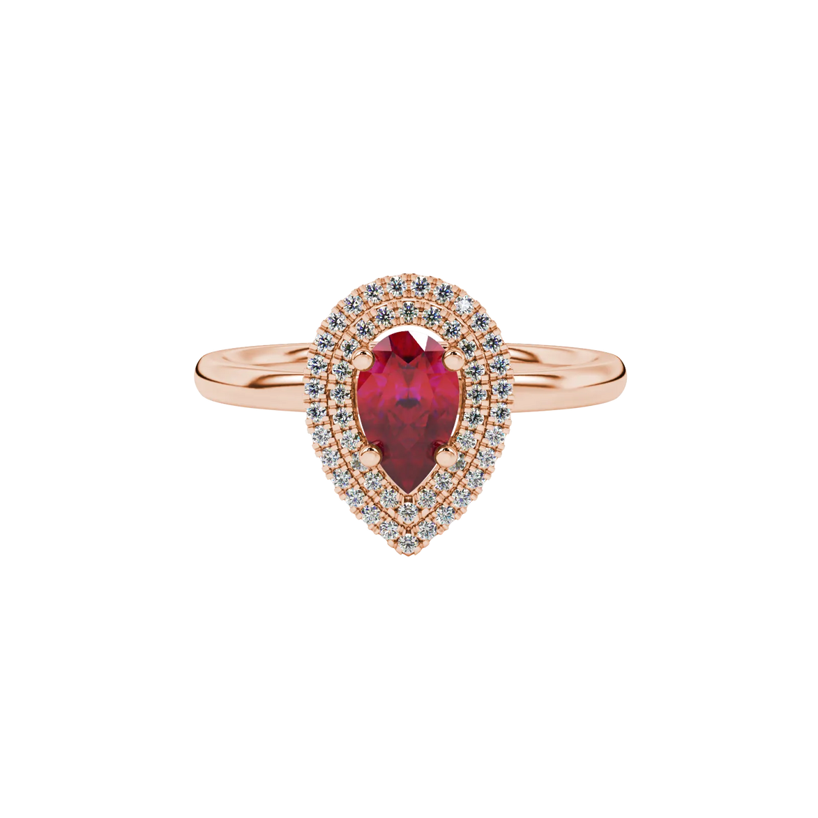 Close-up, pear shape raspberry red gemstone ring, rose gold halo setting.