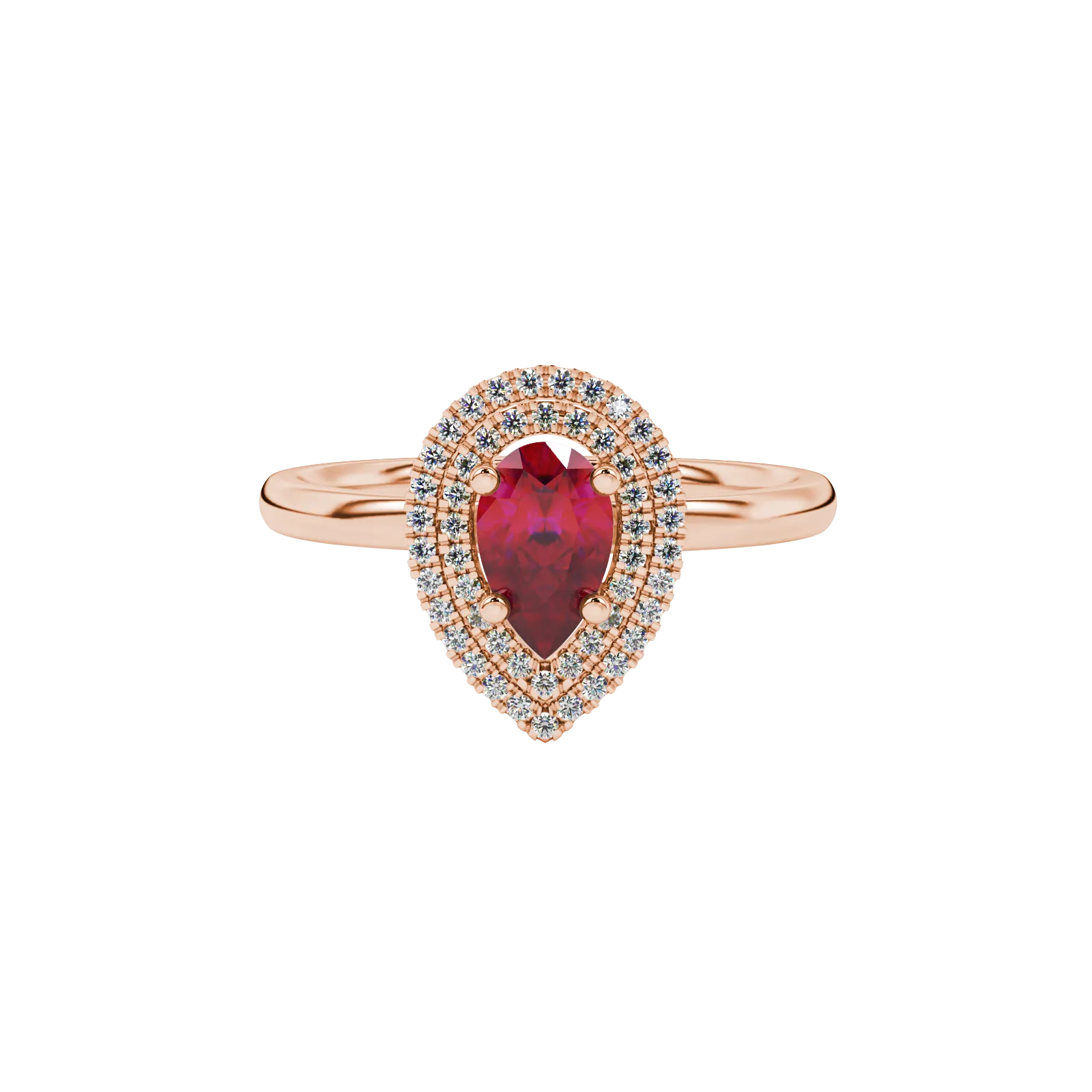 Close-up, pear shape raspberry red gemstone ring, rose gold halo setting.