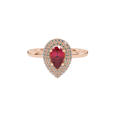 Close-up, pear shape raspberry red gemstone ring, rose gold halo setting.