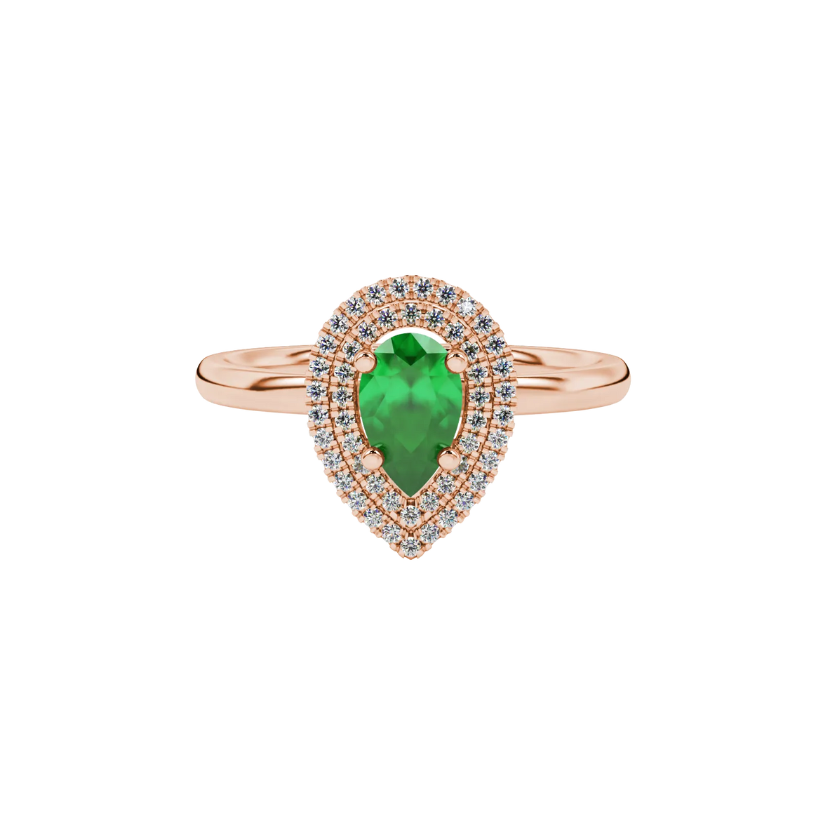Close-up, pear shape emerald green gemstone ring, rose gold halo setting.