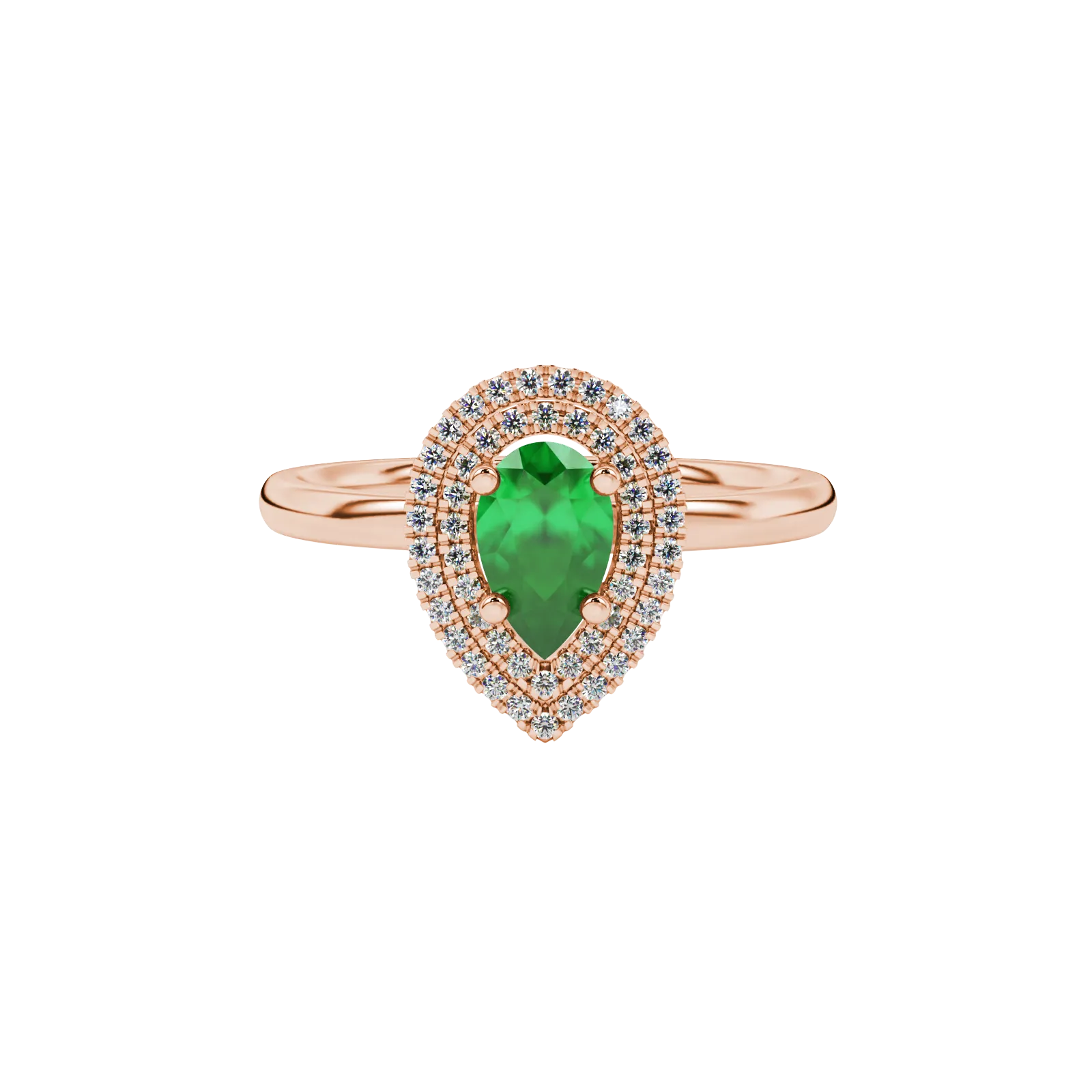 Close-up, pear shape emerald green gemstone ring, rose gold halo setting.