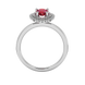 Pear shape raspberry red gemstone ring, white gold falling edge halo setting.