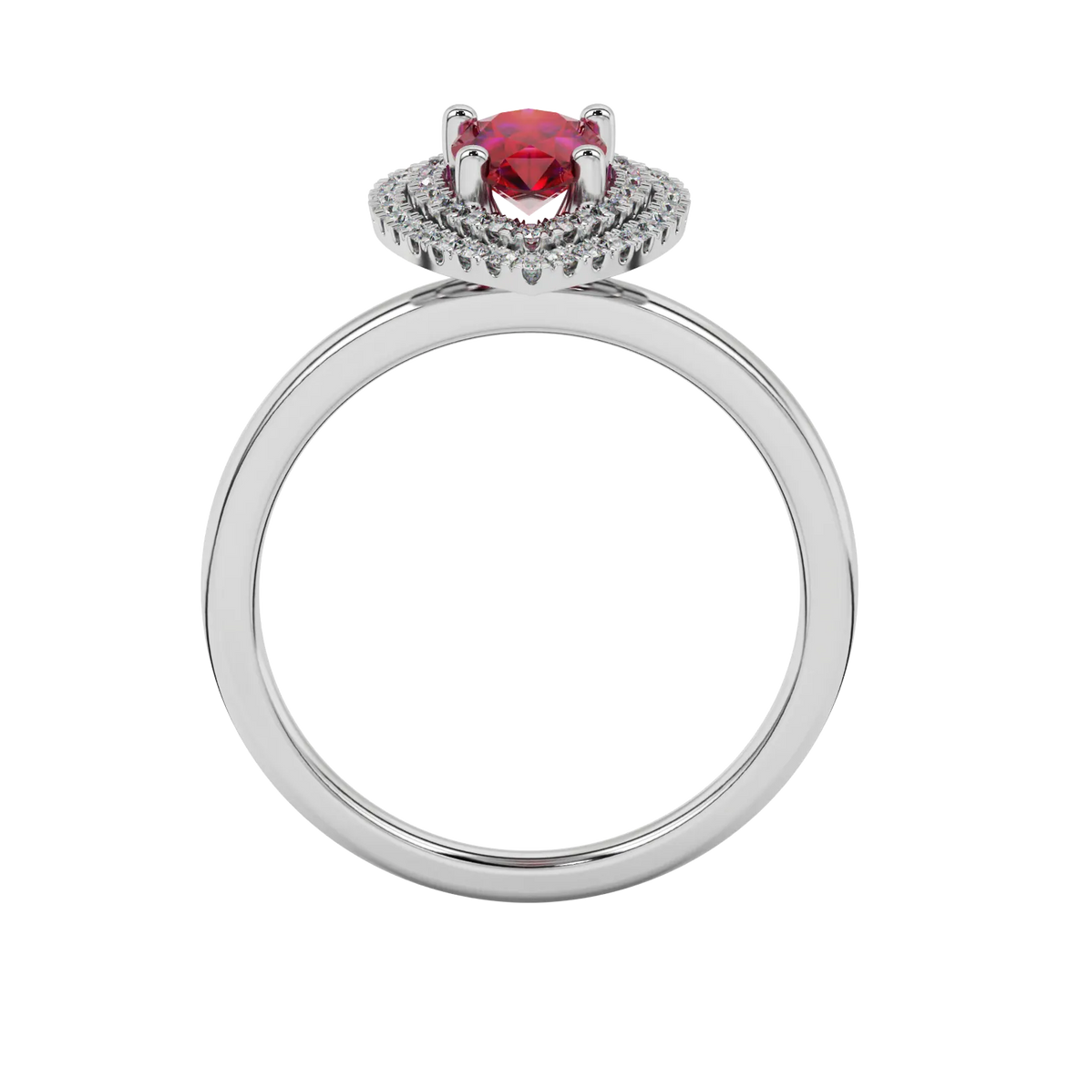 Pear shape raspberry red gemstone ring, white gold falling edge halo setting.