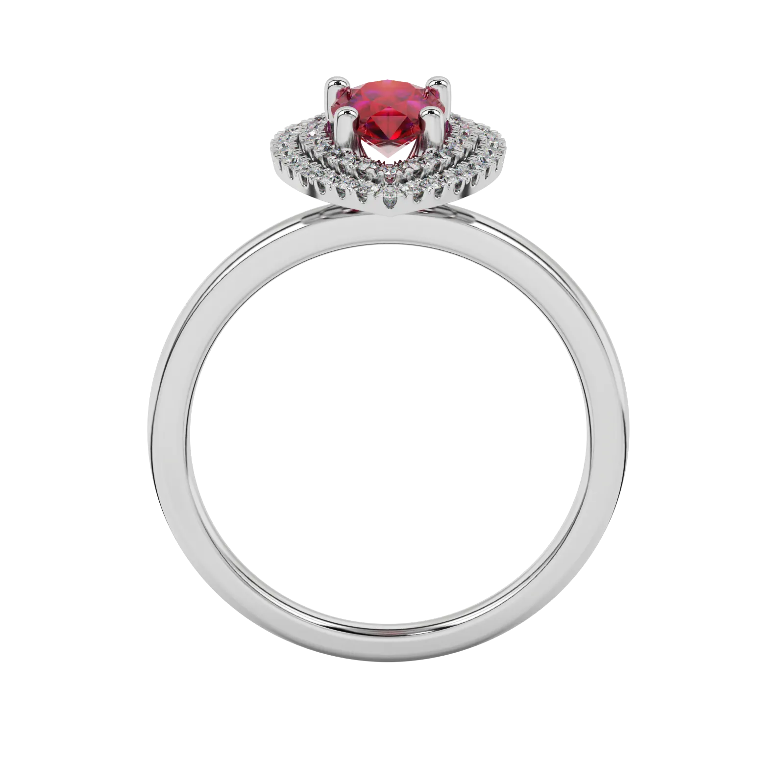 Pear shape raspberry red gemstone ring, white gold falling edge halo setting.