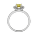 Pear shape canary yellow gemstone ring, white gold falling edge halo setting.