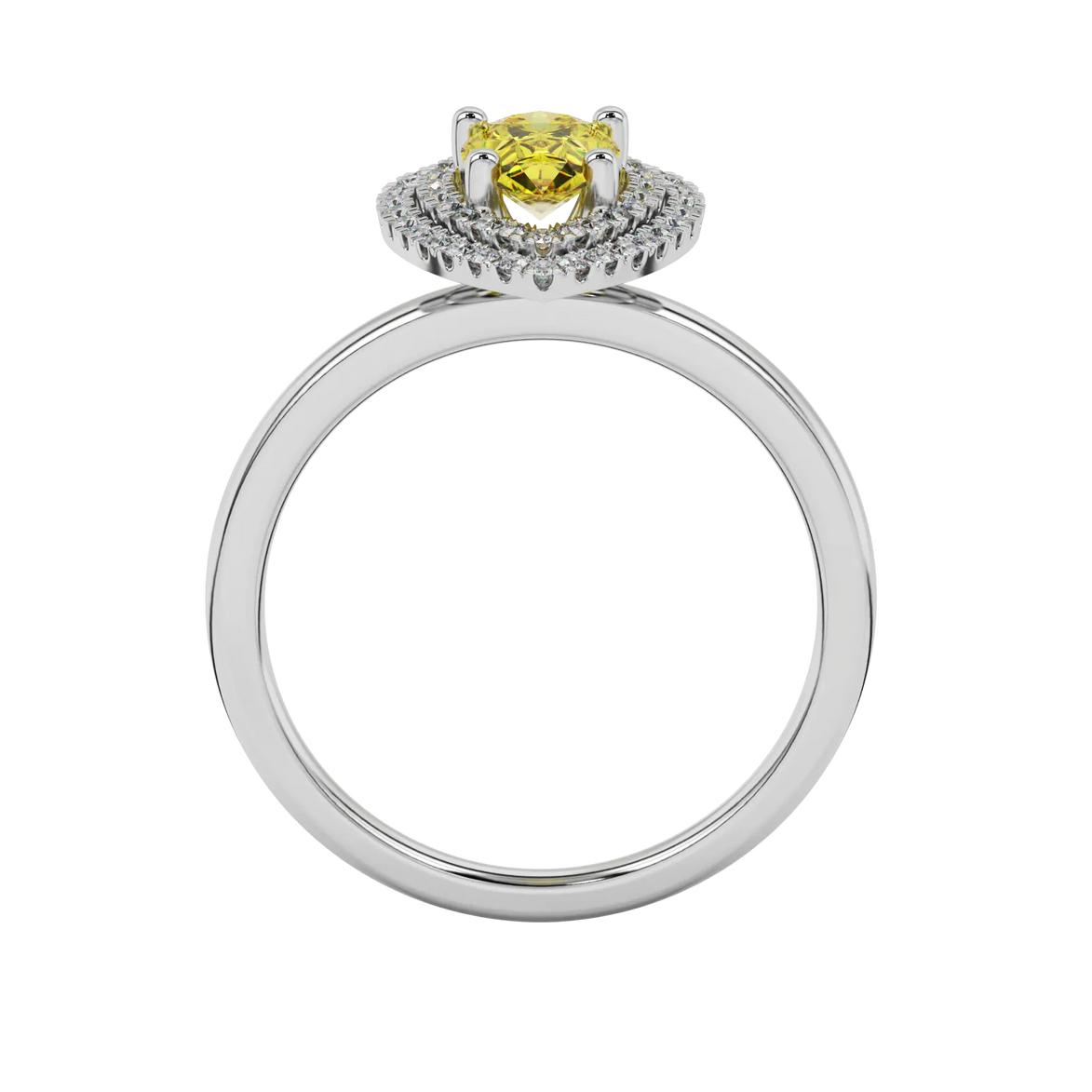 Pear shape canary yellow gemstone ring, white gold falling edge halo setting.