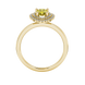 Pear shape canary yellow gemstone ring, yellow gold falling edge halo setting.