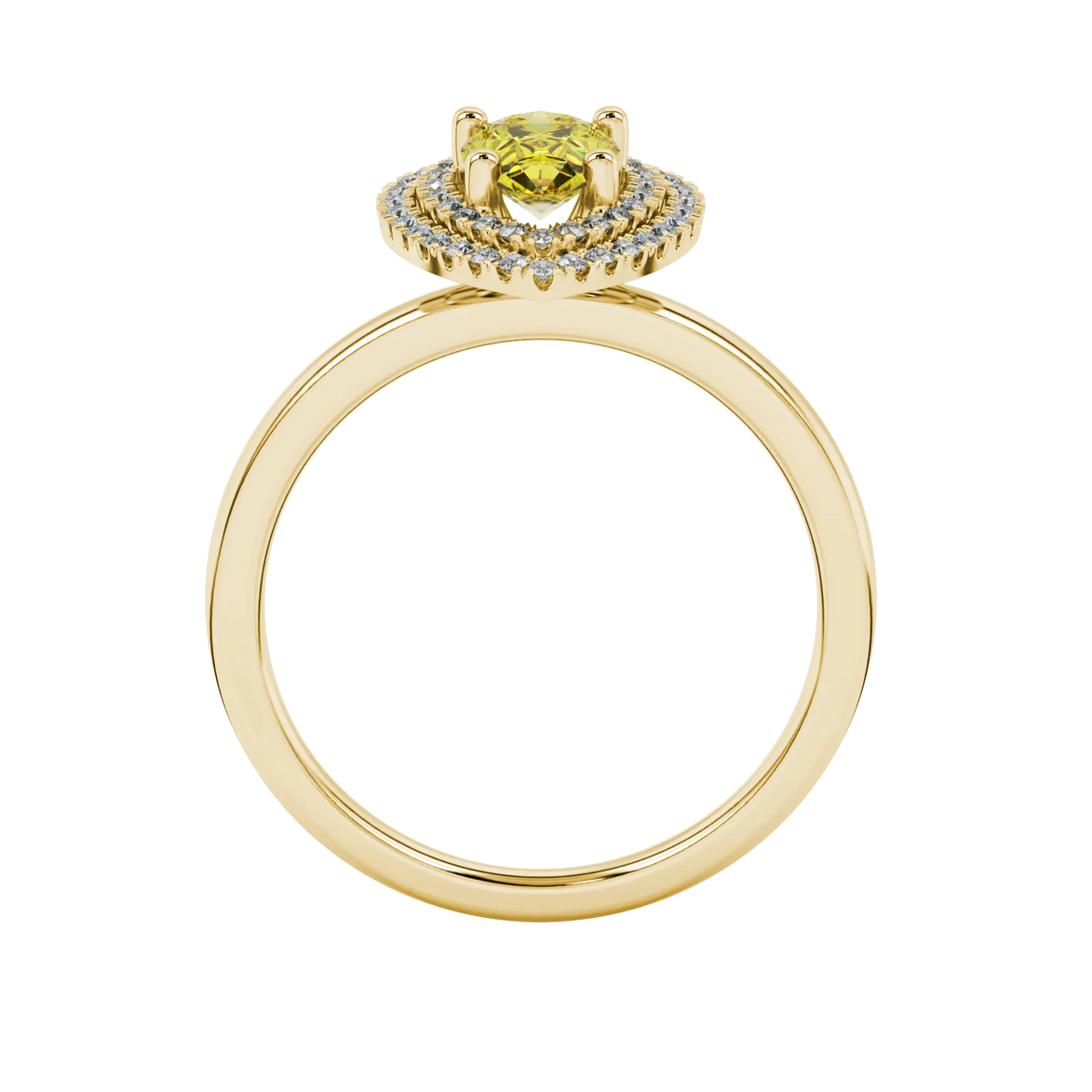 Pear shape canary yellow gemstone ring, yellow gold falling edge halo setting.