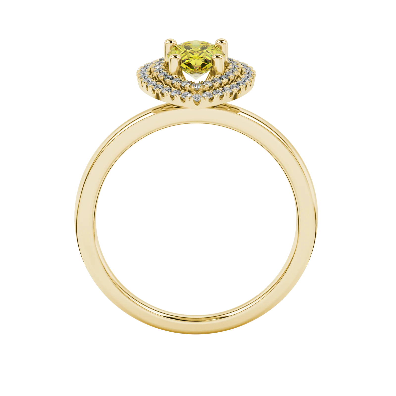 Pear shape canary yellow gemstone ring, yellow gold falling edge halo setting.