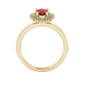Pear shape raspberry red gemstone ring, yellow gold falling edge halo setting.
