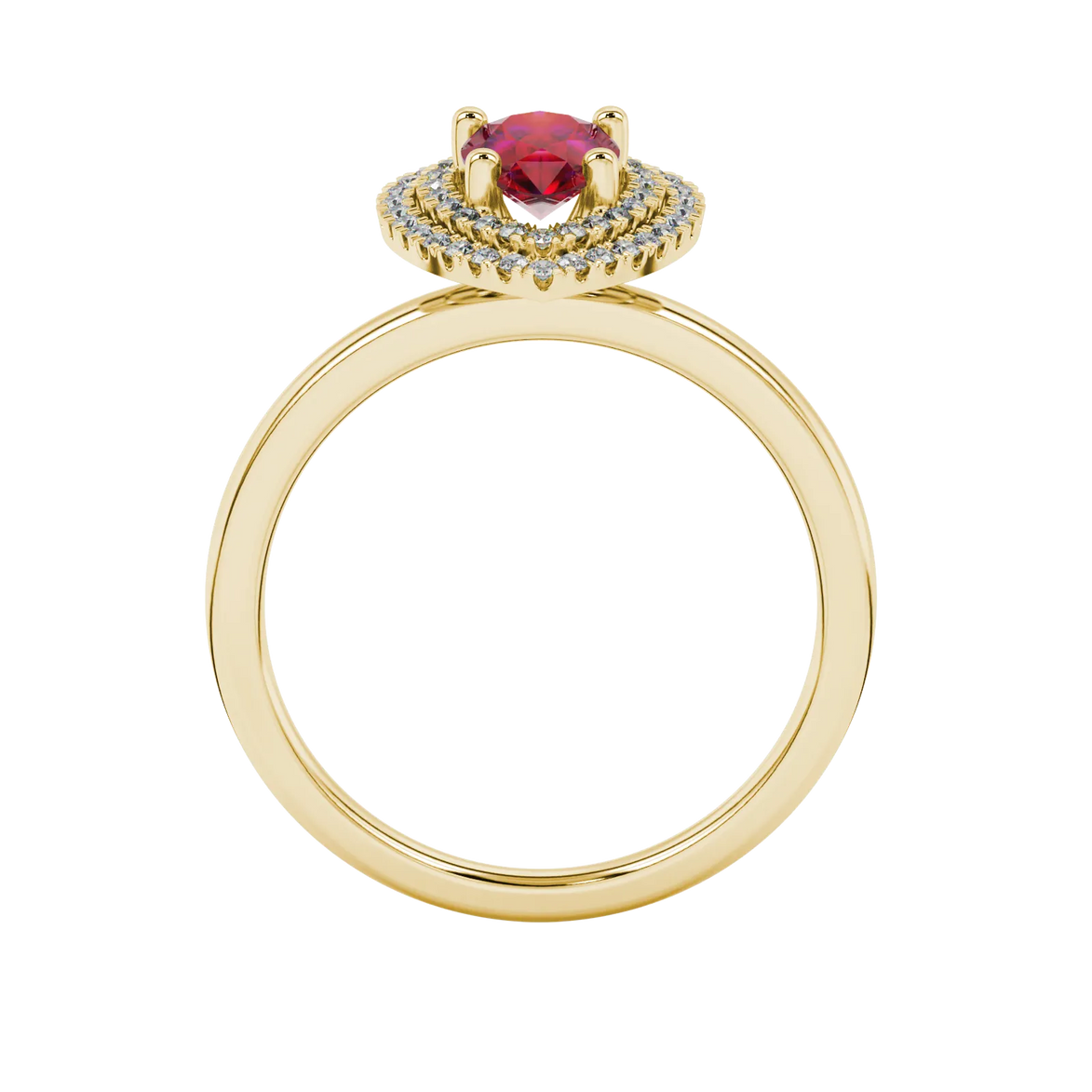 Pear shape raspberry red gemstone ring, yellow gold falling edge halo setting.
