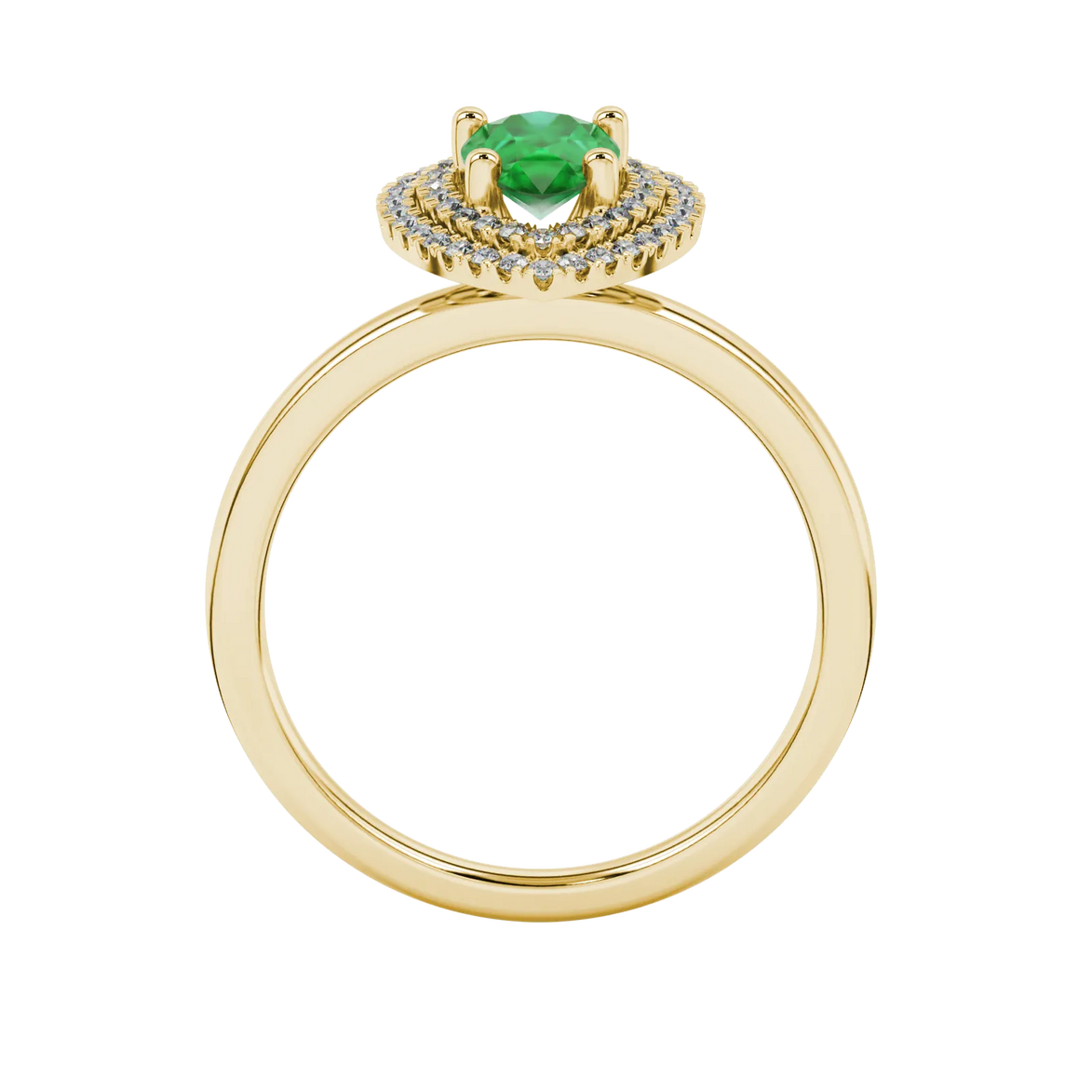 Pear shape emerald green gemstone ring, yellow gold falling edge halo setting.