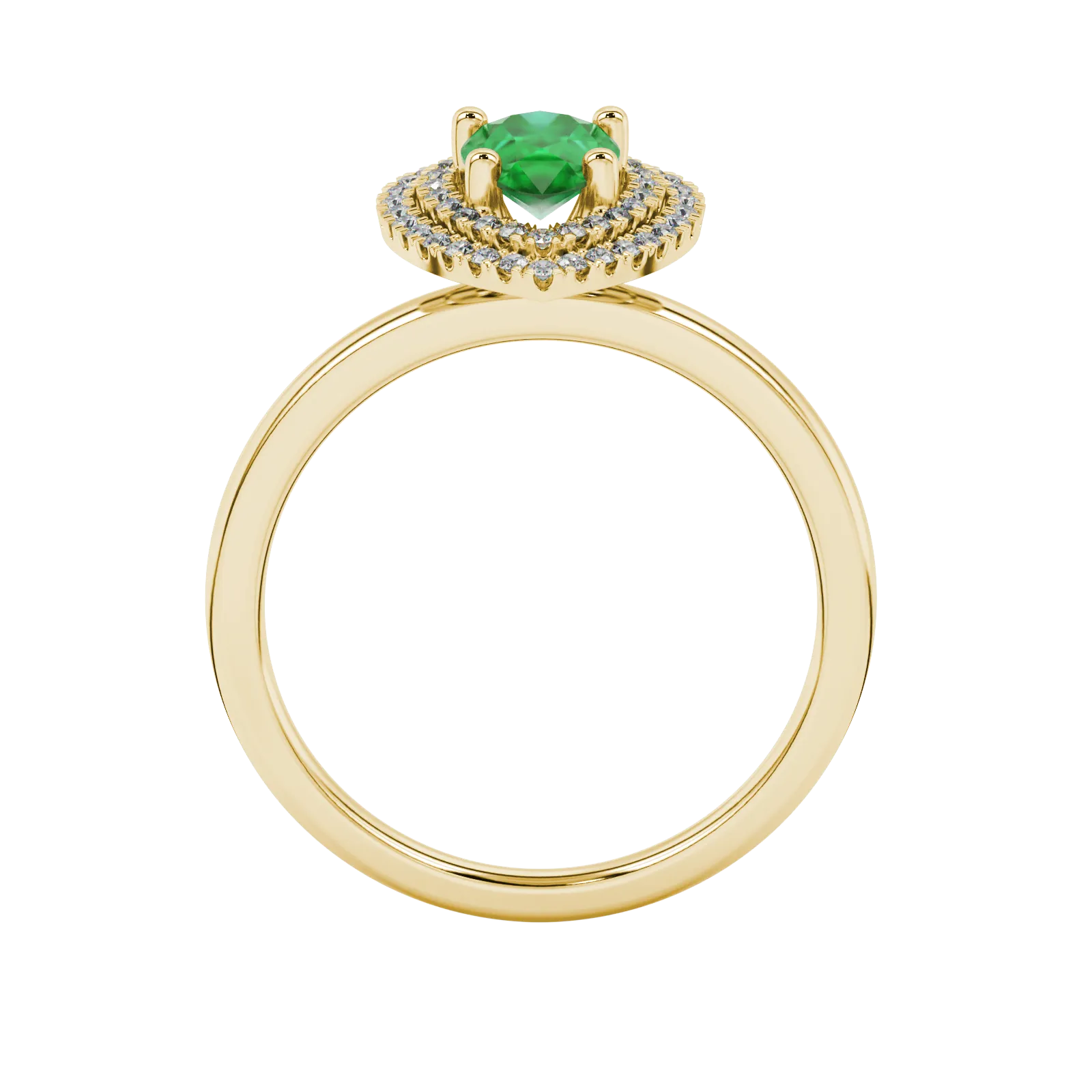 Pear shape emerald green gemstone ring, yellow gold falling edge halo setting.