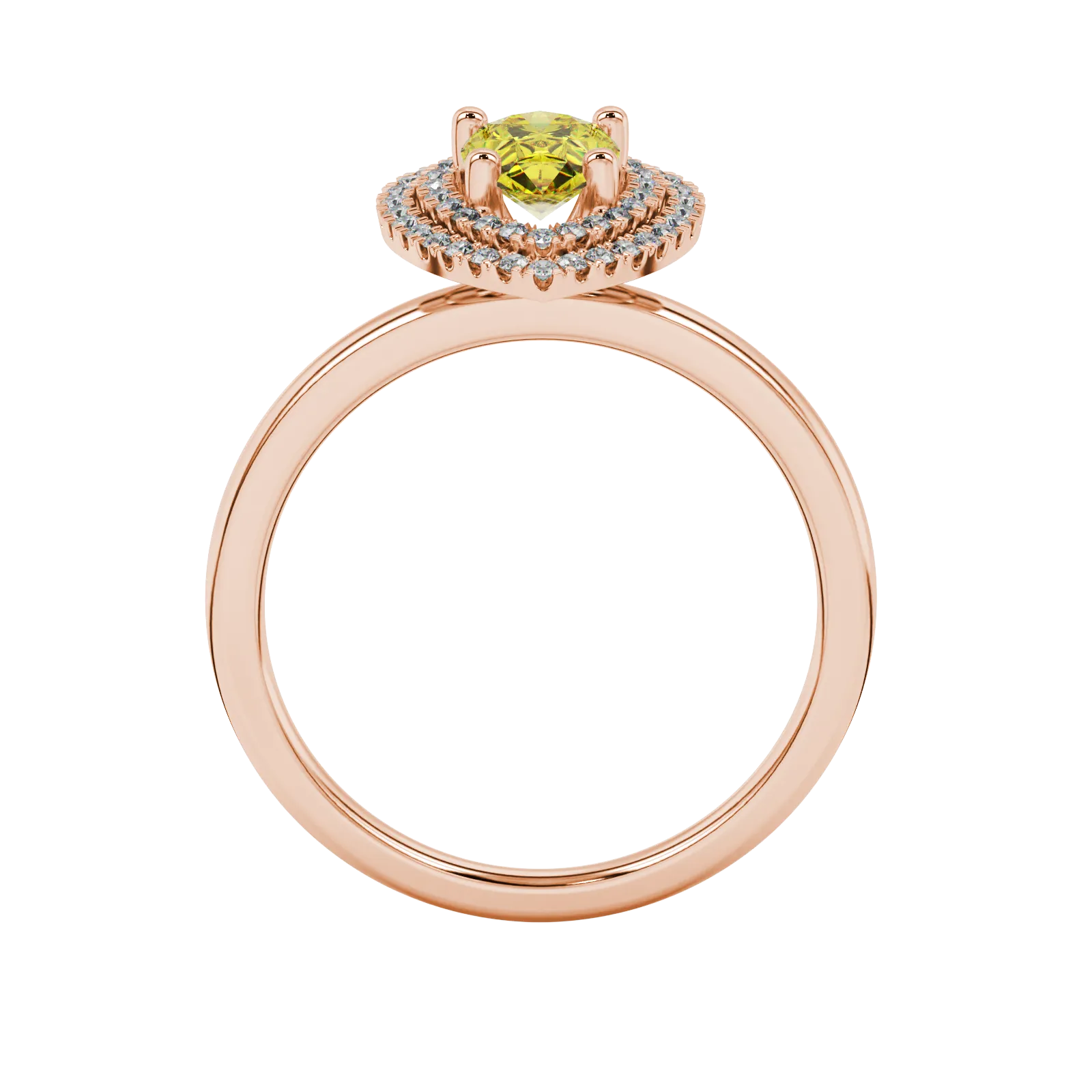Pear shape canary yellow gemstone ring, rose gold falling edge halo setting.
