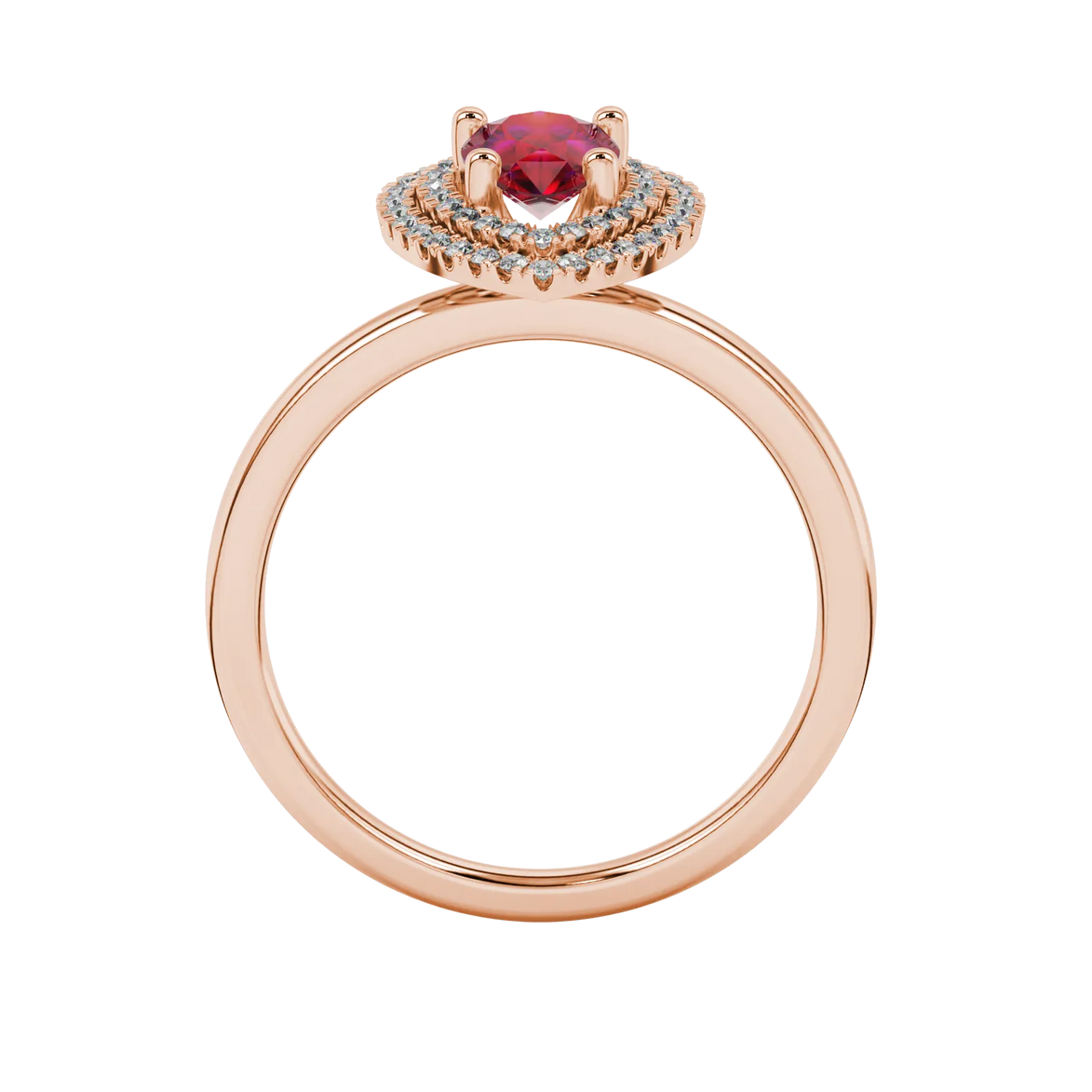 Pear shape raspberry red gemstone ring, rose gold falling edge halo setting.