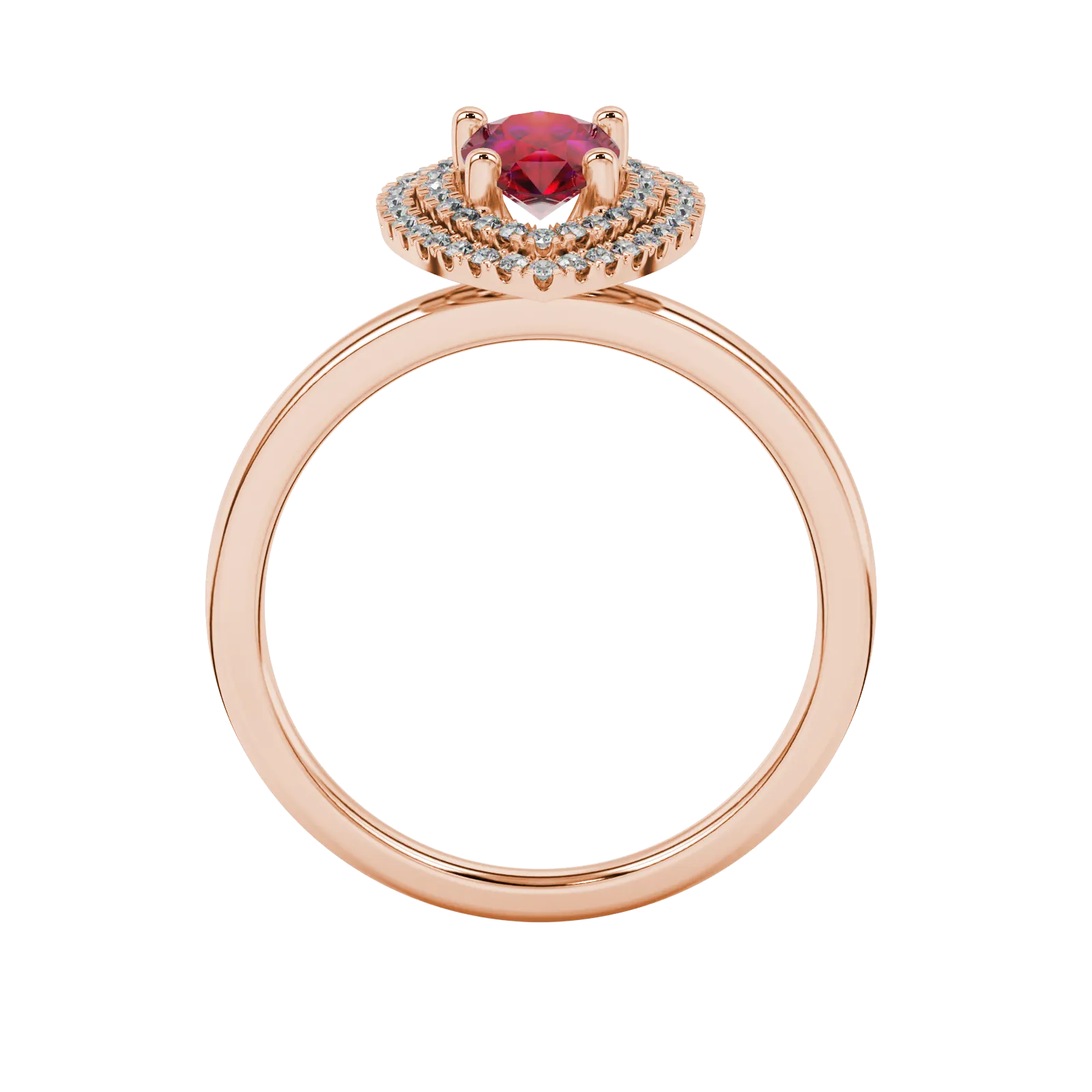 Pear shape raspberry red gemstone ring, rose gold falling edge halo setting.