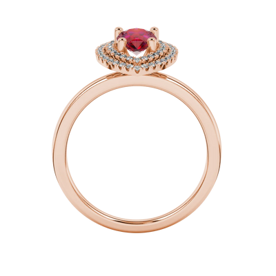 Pear shape raspberry red gemstone ring, rose gold falling edge halo setting.