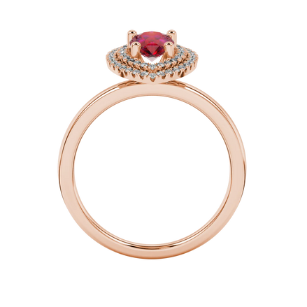 Pear shape raspberry red gemstone ring, rose gold falling edge halo setting.