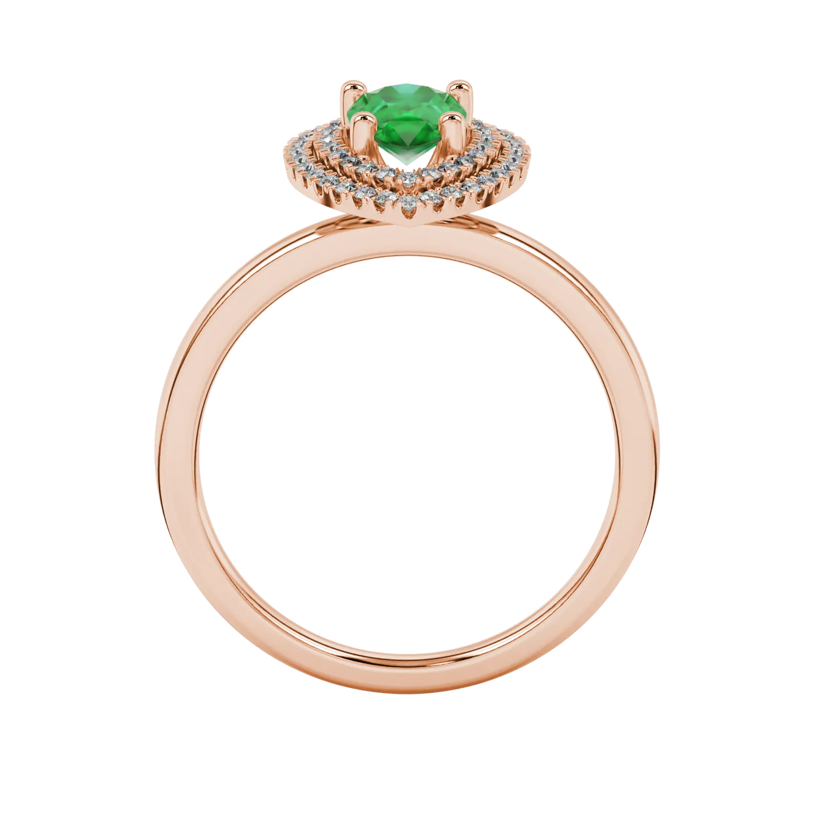 Pear shape emerald green gemstone ring, rose gold falling edge halo setting.